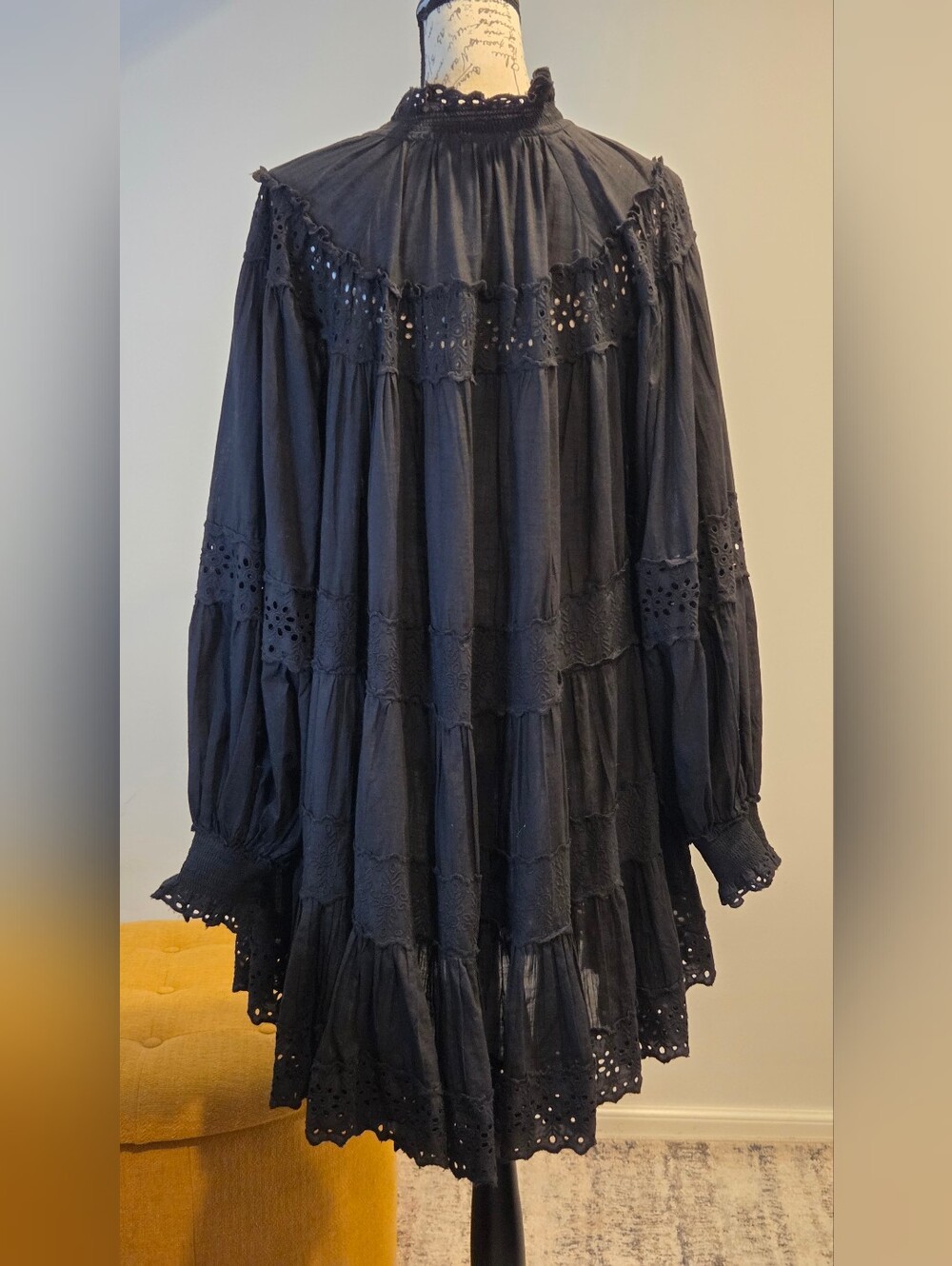 Anthropologie /Maeve Black Eyelet Tiered Mini Dress with Long Sleeves    Size XL - Picture 7 of 15